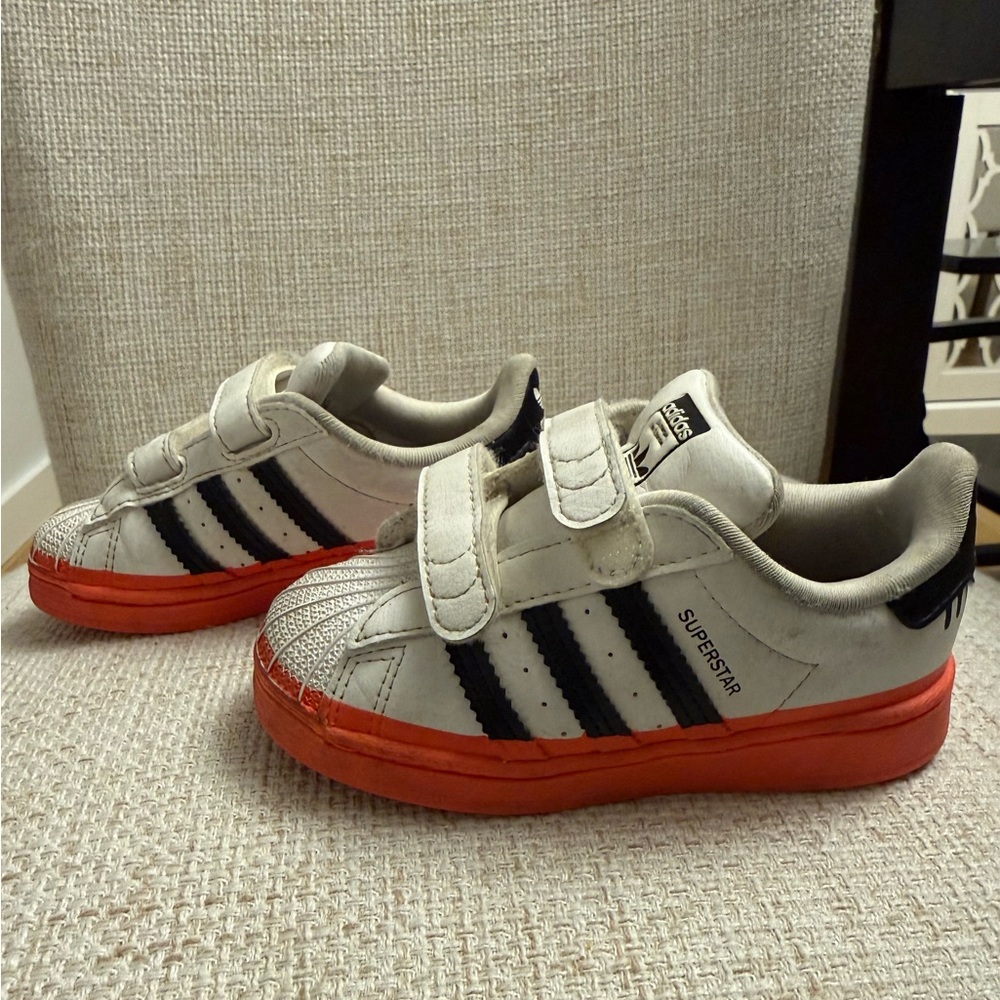 Adidas Kids Sneakers - Orange and Black Drip Design - superstars